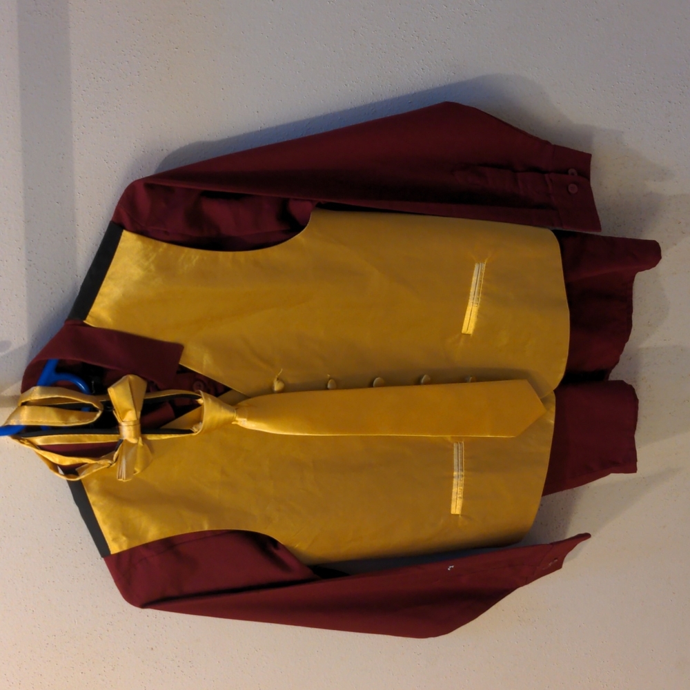 Burgundy dress shirt with gold vest and tie or bowtie